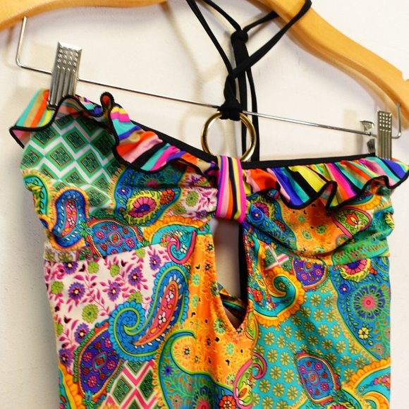 ABS Swimsuit 8 One Piece‎ Floral Paisley Colorful Ruffle Strappy Allen Schwartz - Picture 6 of 9